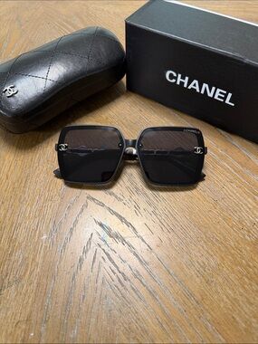 CHANEL Oversized Black Square Sunglasses with Silver CC Accents